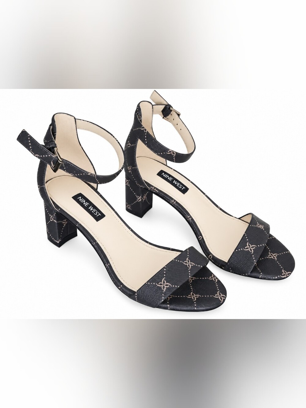 Nine West Black Patterned Ankle-Strap Block Heels